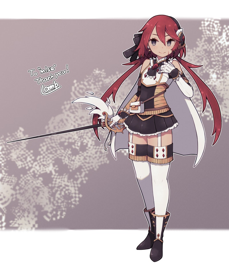 1girl bare_shoulders black_neckwear black_skirt boots closed_mouth elbow_gloves gloves grey_eyes hair_between_eyes holding holding_sword holding_weapon lamb-oic029 looking_at_viewer miniskirt necktie original pleated_skirt rapier redhead short_necktie skirt smile solo sword thigh-highs weapon white_gloves white_legwear