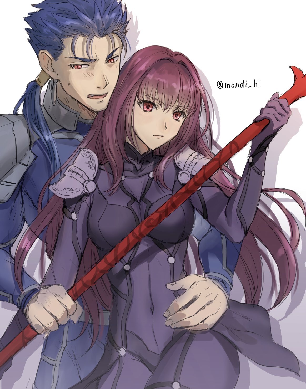 1boy 1girl armor bangs black_bodysuit blue_bodysuit blue_hair blush bodysuit breasts closed_mouth covered_navel cowboy_shot cu_chulainn_(fate)_(all) cu_chulainn_(fate/stay_night) fang fate/grand_order fate/stay_night fate_(series) gae_bolg_(fate) hair_intakes hand_on_another's_waist highres holding holding_polearm holding_spear holding_weapon long_hair looking_down looking_to_the_side medium_breasts mondi_hl open_mouth polearm ponytail purple_hair red_eyes scathach_(fate) scathach_(fate)_(all) shoulder_armor spear sweatdrop twitter_username v-shaped_eyebrows weapon