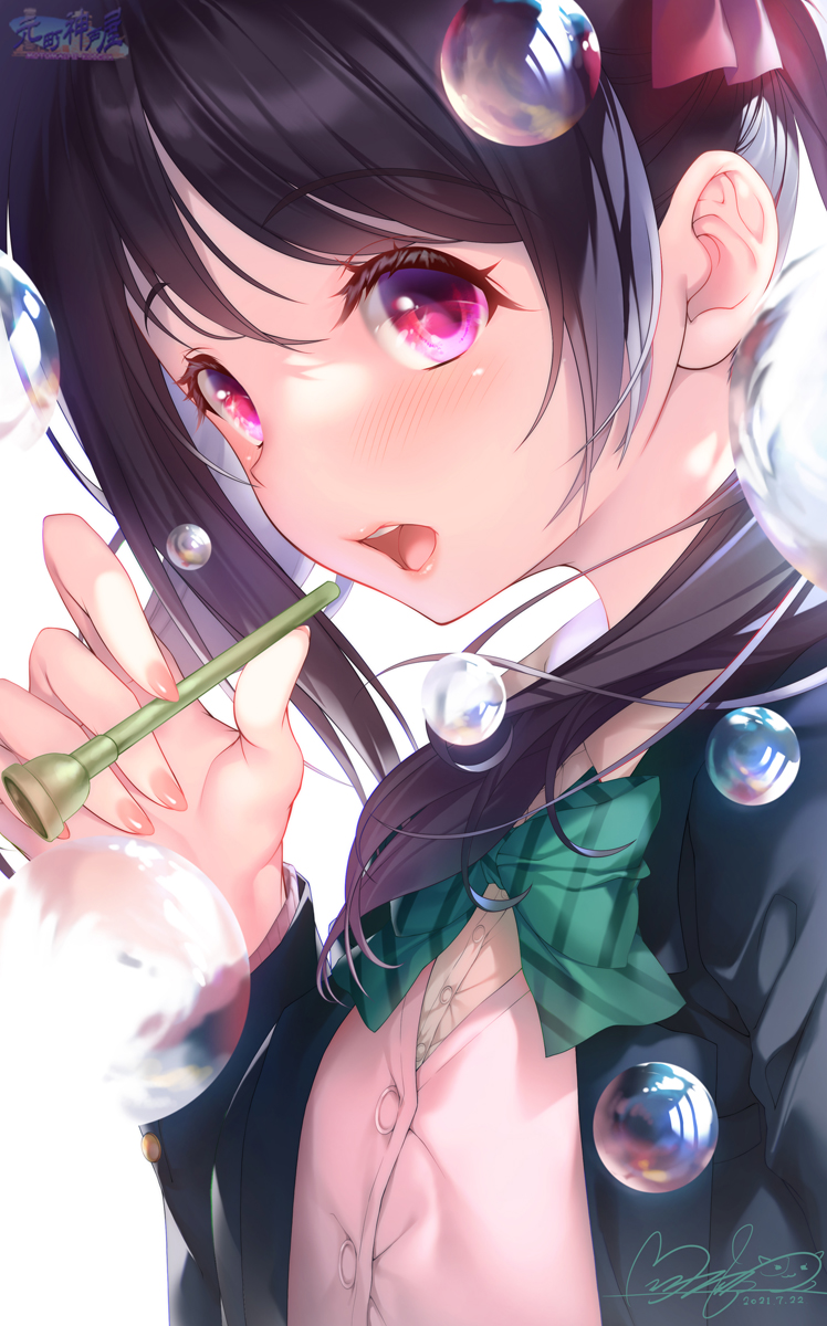 1girl bangs black_hair blush bubble buttons commentary_request eyebrows_visible_through_hair eyelashes fingernails from_side green_neckwear hand_up highres holding hozumi_kaoru jacket looking_to_the_side love_live! necktie open_clothes open_jacket open_mouth pink_vest shirt solo tongue twintails uniform upper_body upper_teeth vest violet_eyes white_background white_shirt yazawa_nico