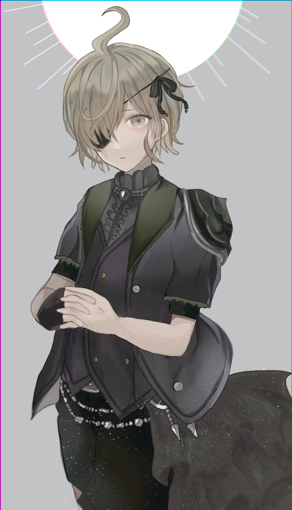 1boy akitama2727 antenna_hair bangs black_gloves black_jacket brown_eyes brown_hair closed_mouth eyepatch frown gloves green_pants grey_background hair_over_one_eye hands_together highres jacket looking_at_viewer pants pinocchio_(sinoalice) short_hair short_sleeves simple_background single_glove sinoalice solo