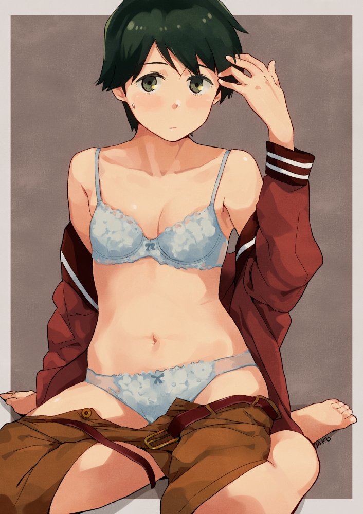 1girl bangs banned_artist barefoot black_hair blue_bra blue_panties blush bra breasts brown_shorts closed_mouth green_eyes kantai_collection long_sleeves makio_(makiomeigenbot) medium_breasts mogami_(kancolle) open_clothes open_shorts panties sailor_collar school_uniform serafuku short_hair shorts signature simple_background sitting solo sweat underwear