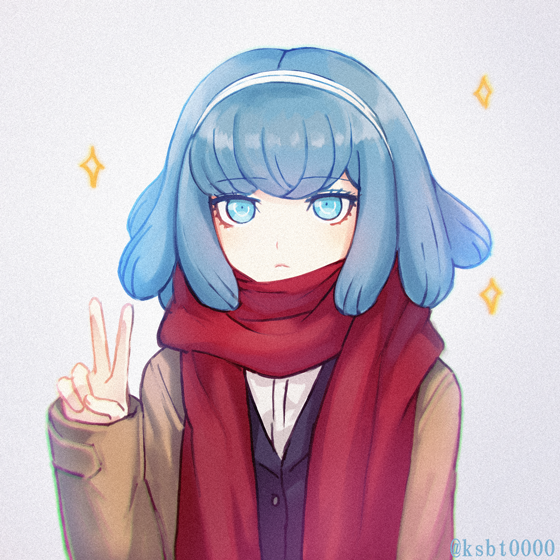 1girl bangs blue_eyes blue_hair blush brown_jacket commentary_request dangan_ronpa_(series) dangan_ronpa_3_(anime) eyebrows_visible_through_hair frown gekkougahara_miaya hairband hajime_(gitoriokawaii) hand_up jacket looking_at_viewer red_scarf scarf scarf_over_mouth shiny shiny_hair simple_background solo sparkle twitter_username upper_body v white_background white_hairband