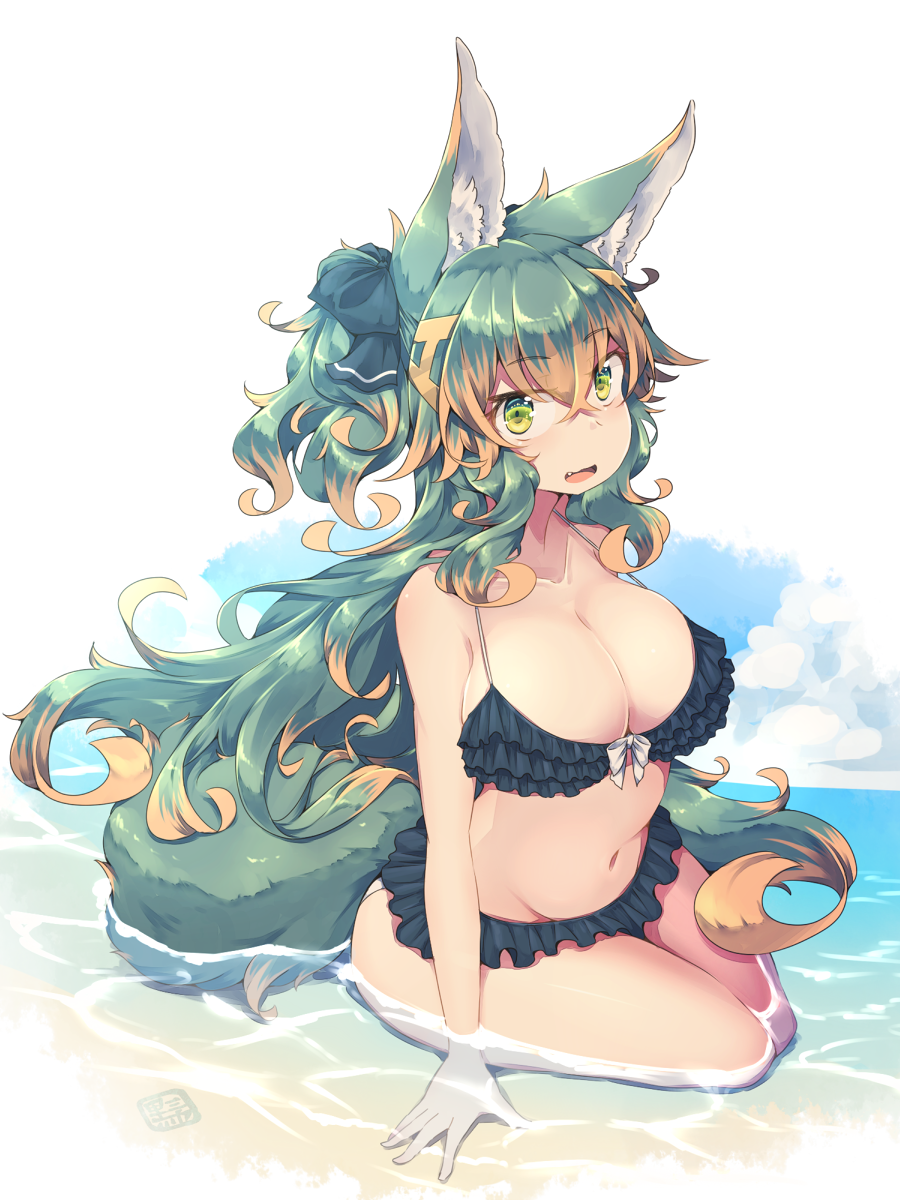 1girl animal_ear_fluff animal_ears bangs beach bikini black_bikini breasts commentary_request crossed_bangs eyebrows_visible_through_hair frilled_bikini frills green_eyes green_hair hair_between_eyes highres kuromiya kuromiya_raika large_breasts long_hair looking_at_viewer multicolored_hair ocean open_mouth orange_hair original sitting solo swimsuit thighs two-tone_hair water