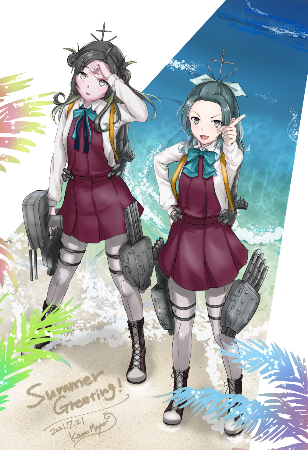 2girls adapted_turret aqua_neckwear black_hair boots bow bowtie cannon cross-laced_footwear double_bun dress green_eyes green_hair grey_legwear hair_ornament hairclip highres kamo_mayor kantai_collection long_hair long_sleeves makinami_(kancolle) multicolored_hair multiple_girls neck_ribbon pantyhose purple_dress ribbon rigging school_uniform shirt suzunami_(kancolle) thigh_strap torpedo_tubes two-tone_hair white_shirt