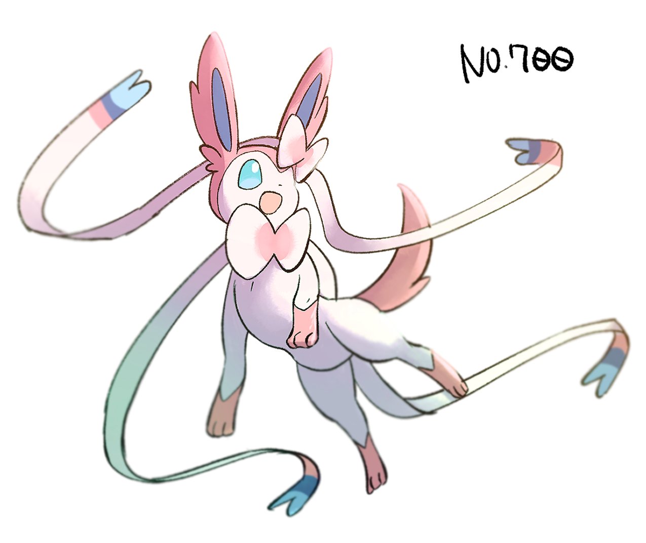 :d blue_eyes blurry commentary_request gen_6_pokemon looking_to_the_side missing_eye morio_(poke_orio) no_humans number open_mouth paws pokedex_number pokemon pokemon_(creature) simple_background smile solo sylveon toes white_background