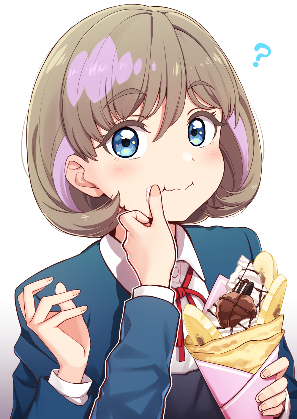 1girl 1other ? bangs blazer blue_eyes blush bob_cut brown_hair chocolate closed_mouth collared_shirt commentary_request cream crepe deadnooodles dress_shirt eyebrows_visible_through_hair food food_on_face highres holding jacket long_sleeves looking_at_viewer love_live! love_live!_superstar!! multicolored_hair neck_ribbon oreo outline pink_hair red_ribbon ribbon shiny shiny_hair shirt short_hair simple_background solo_focus tang_keke two-tone_hair upper_body white_background white_outline white_shirt wiping_face