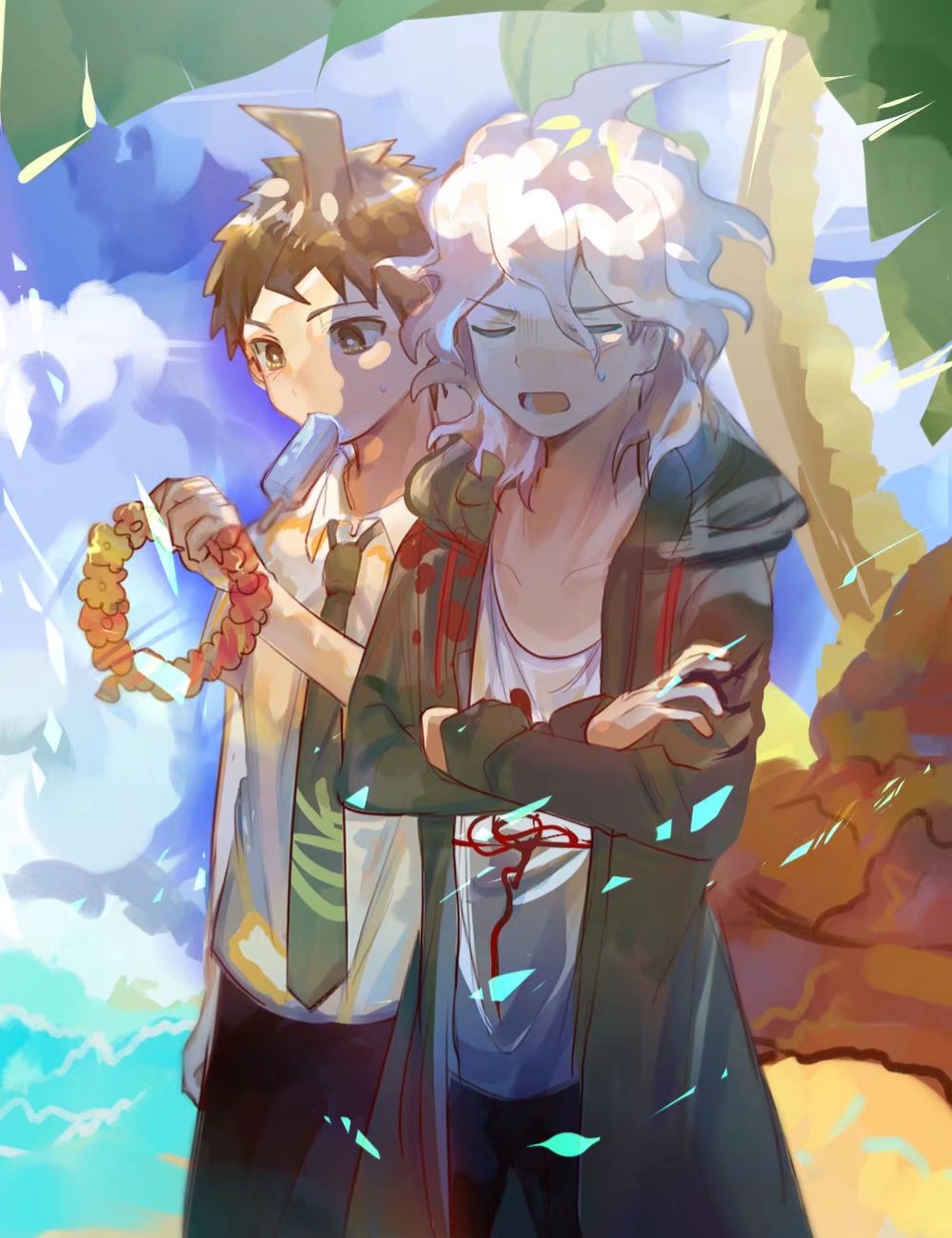 2boys ahoge bangs black_pants blush brown_hair closed_eyes clouds coat collarbone collared_shirt commentary_request crossed_arms dangan_ronpa_(series) dangan_ronpa_2:_goodbye_despair day food green_coat green_neckwear hand_up highres hinata_hajime holding komaeda_nagito laver_(1090792977) long_sleeves male_focus multiple_boys necktie open_mouth outdoors palm_tree pants print_shirt shirt short_hair tree white_hair white_shirt