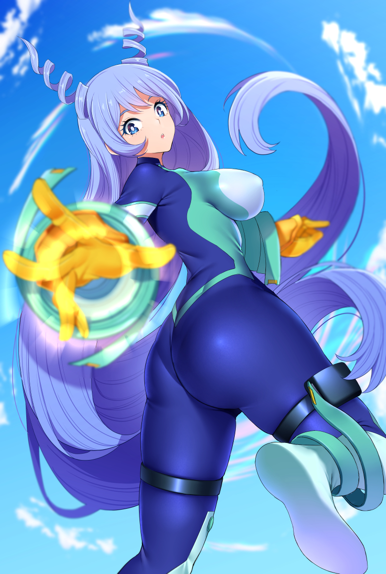 1girl ass blue_eyes blue_sky bodysuit boku_no_hero_academia breasts clouds covered_nipples drill_hair energy firing firing_at_viewer floating_hair flying foot_out_of_frame from_behind from_below gloves glowing glowing_hand hadou_nejire holster kippuru large_breasts light_blue_hair long_hair looking_at_viewer looking_back outstretched_arm skin_tight sky soles solo thigh_holster thigh_strap very_long_hair yellow_gloves