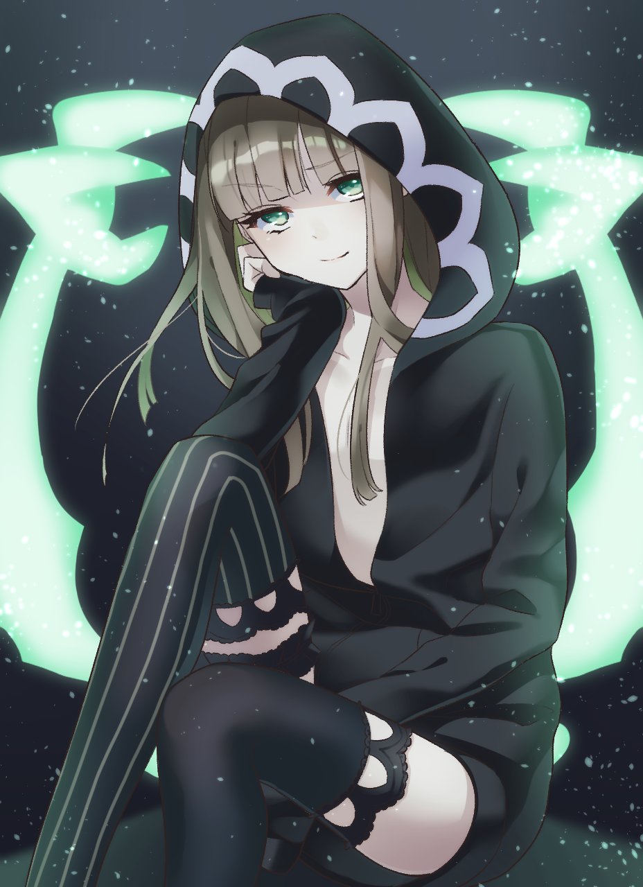 1boy asymmetrical_legwear bangs blunt_bangs blunt_ends brown_hair dark_background green_hair hand_on_own_cheek hand_on_own_face highres hood hood_up jacket legband light_particles looking_at_viewer male_focus multicolored_hair open_clothes open_jacket otoko_no_ko sidelocks sinoalice smile solo thigh-highs two-tone_hair yuna726 zettai_ryouiki