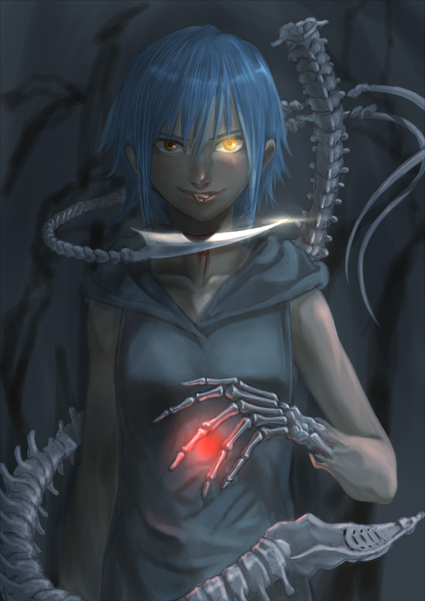 1girl blade_to_throat blood blue_hair blue_hoodie brown_eyes glowing glowing_eyes grin hair_between_eyes hand_up heterochromia hood hoodie kirie_kairi looking_at_viewer original skeletal_arm skeletal_tail sleeveless sleeveless_hoodie smile solo tongue tongue_out yellow_eyes