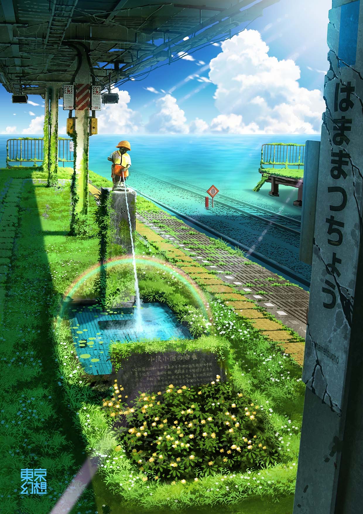 blue_sky clouds cloudy_sky day flower highres horizon lens_flare light_rays no_humans ocean original outdoors overgrown peeing post-apocalypse railroad_tracks scenery sign signature sky statue sunbeam sunlight tactile_paving tokyogenso train_station translated underwater water white_flower