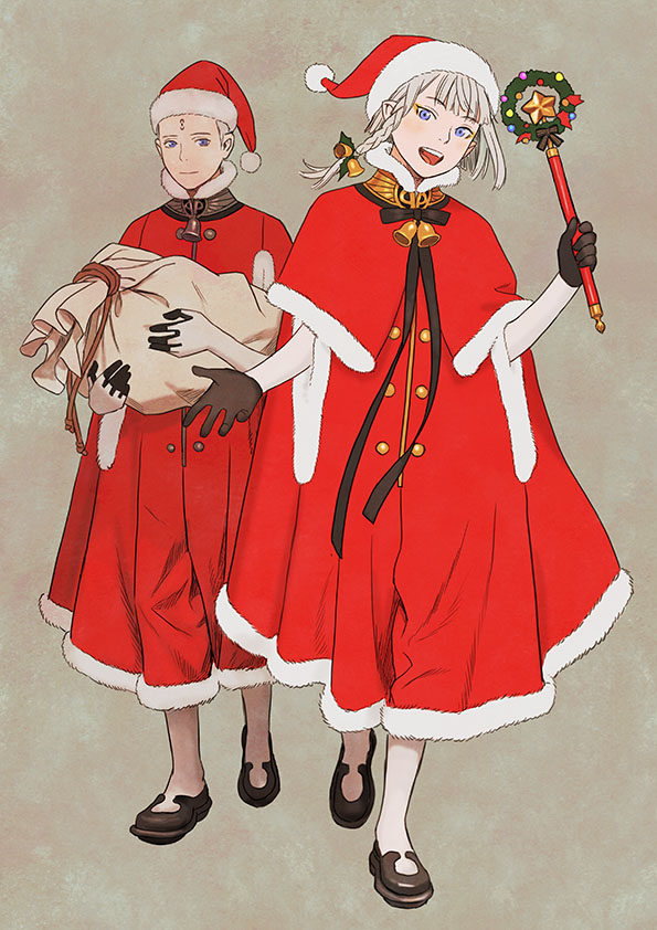 1boy 1girl bell black_footwear black_gloves blue_eyes christmas copyright_request gloves grey_hair hat holding looking_at_viewer medium_hair murata_range neck_bell open_mouth santa_hat shadow shoes short_hair smile