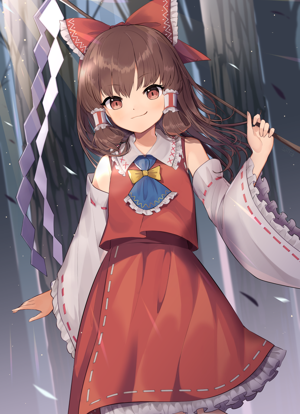 1girl bangs bare_shoulders blue_neckwear bow brown_eyes brown_hair closed_mouth detached_sleeves eyebrows_visible_through_hair forest gohei goma_(u_p) hair_between_eyes hair_tubes hakurei_reimu hand_up highres holding light long_sleeves looking_at_viewer nature red_bow red_skirt red_vest short_hair skirt smile solo standing sunlight touhou tree vest white_sleeves yellow_bow yellow_neckwear