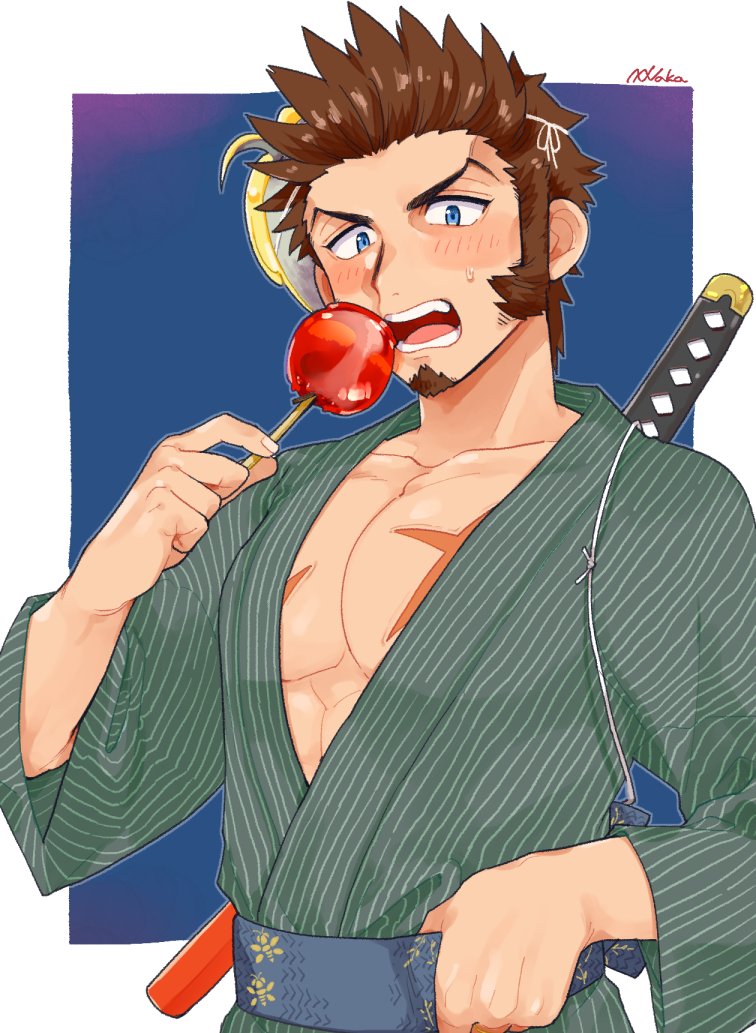 1boy alternate_costume blue_eyes blush brown_hair candy_apple eating facial_hair fate/grand_order fate_(series) food goatee green_kimono japanese_clothes kimono long_sideburns looking_at_viewer male_cleavage male_focus mask mask_removed napoleon_bonaparte_(fate) partially_unbuttoned pectorals scar scar_on_chest shitappa short_hair sideburns solo sword sword_behind_back toned toned_male weapon