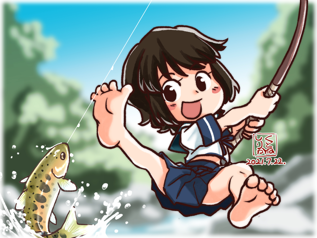 1girl artist_logo barefoot black_hair blue_sailor_collar blue_skirt blue_sky blurry brown_eyes clouds commentary_request dated day depth_of_field dress fish fishing full_body kantai_collection kutone_shirika looking_at_viewer miyuki_(kancolle) outdoors pleated_dress sailor_collar school_uniform serafuku short_hair skirt sky solo