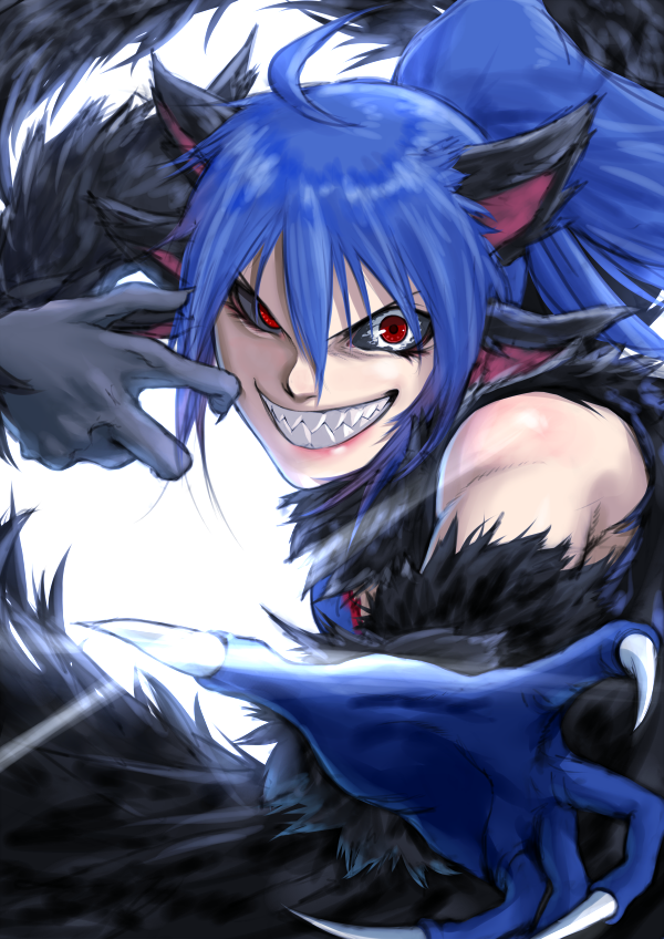 1girl ahoge animal_ears asymmetrical_gloves black_sclera blue_hair colored_sclera copyright_request extra_ears fingernails gloves grin incoming_attack kirie_kairi looking_at_viewer mismatched_gloves mismatched_sclera ponytail reaching_out red_eyes sharp_fingernails sharp_teeth smile solo teeth white_background wide-eyed