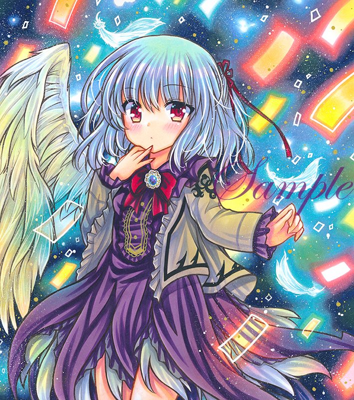 1girl :o angel_wings bangs beige_jacket blush bow bowtie breasts brooch commentary_request cowboy_shot dress eyebrows_visible_through_hair feathered_wings feathers hand_on_own_chin jacket jewelry kishin_sagume long_sleeves looking_at_viewer marker_(medium) medium_hair open_clothes open_jacket purple_dress red_bow red_eyes red_neckwear rui_(sugar3) sample silver_hair single_wing small_breasts solo touhou traditional_media wings