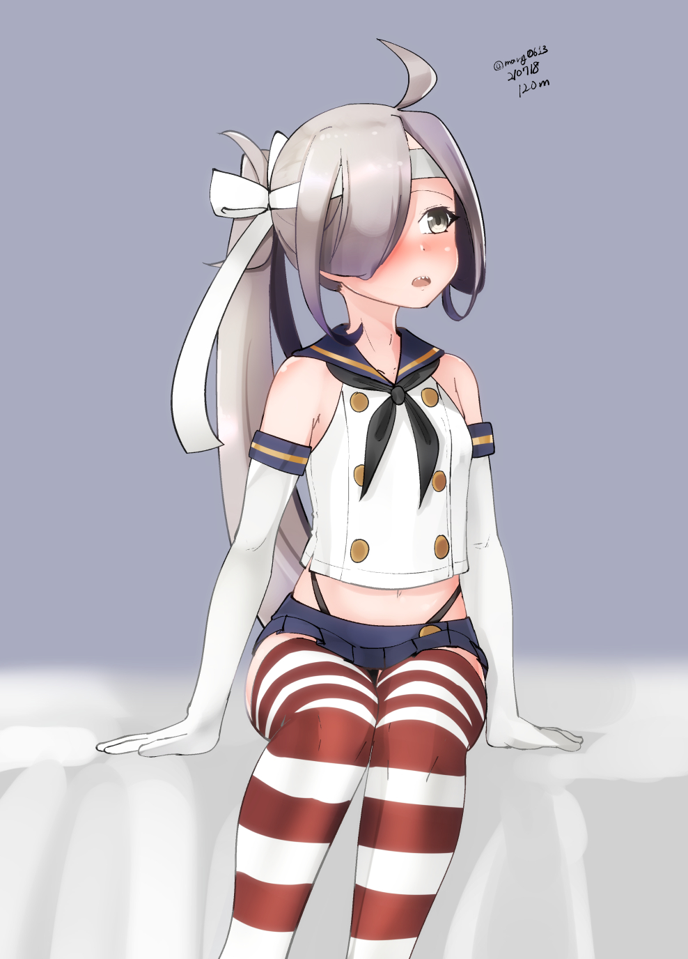 1girl ahoge asashimo_(kancolle) black_panties blue_sailor_collar blue_skirt blush commentary_request cosplay crop_top dress elbow_gloves feet_out_of_frame gloves grey_background grey_eyes hair_over_one_eye head_tilt headband highleg highleg_panties highres kantai_collection long_hair looking_at_viewer maru_(marg0613) microskirt miniskirt nose_blush one-hour_drawing_challenge panties pleated_dress ponytail sailor_collar shimakaze_(kancolle) shimakaze_(kancolle)_(cosplay) silver_hair simple_background skirt solo striped striped_legwear thigh-highs underwear white_gloves white_headband