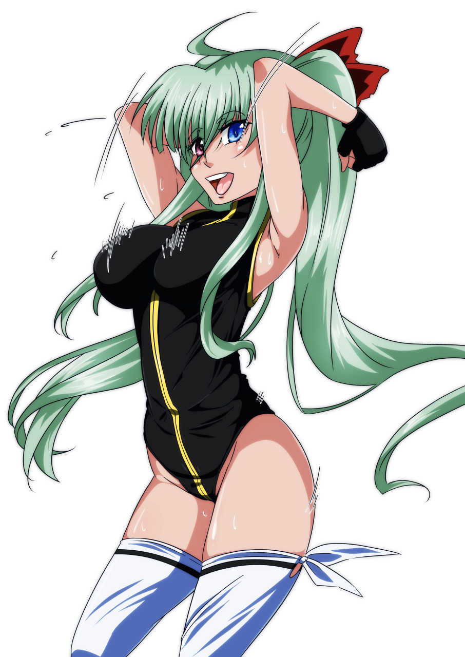 ahoge armpits arms_behind_head arms_up black_gloves black_leotard blue_eyes bouncing_breasts bow breasts bridal_legwear commentary cowboy_shot einhart_stratos eyebrows_visible_through_hair gloves green_hair hair_bow heterochromia highres large_breasts leotard long_hair lyrical_nanoha mahou_shoujo_lyrical_nanoha mahou_shoujo_lyrical_nanoha_vivid motion_lines open_mouth red_bow simple_background sleeveless smile sweat tappa_(esperanza) thigh-highs twintails very_long_hair violet_eyes white_background white_legwear