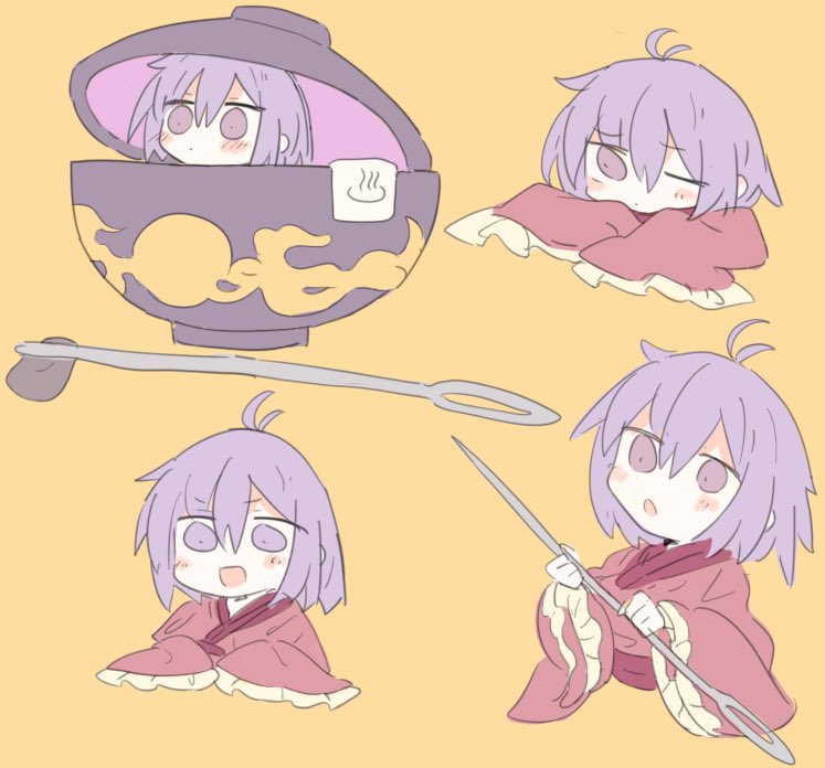 1girl 76gpo antenna_hair blush bowl bowl_hat commentary_request hair_between_eyes hat holding in_bowl in_container japanese_clothes kimono long_sleeves minigirl multiple_views needle one-hour_drawing_challenge one_eye_closed onsen_symbol open_mouth purple_hair red_kimono sewing_needle short_hair simple_background smile sukuna_shinmyoumaru touhou towel upper_body violet_eyes wide_sleeves yellow_background