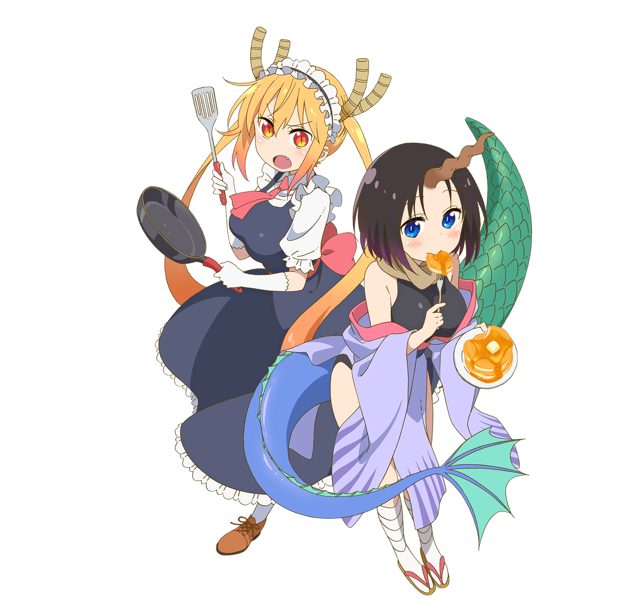 2girls back_bow black_hair black_leotard blonde_hair blue_eyes blush bow breasts brown_scarf butter dot_nose dragon_girl dragon_tail eating elma_(maidragon) fang food frilled_sleeves frills from_above frying_pan full_body gradient_hair highres holding holding_spatula horns key_visual kobayashi-san_chi_no_maidragon large_breasts leotard leotard_under_clothes maid multicolored_hair multiple_girls necktie off_shoulder official_art orange_eyes orange_hair pancake pelvic_curtain promotional_art puffy_short_sleeves puffy_sleeves purple_hair red_bow red_neckwear sandals scarf short_hair short_sleeves slit_pupils spatula standing tabi tail tohru_(maidragon) transparent_background v-shaped_eyebrows white_legwear