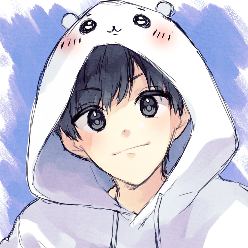 1boy bangs black_eyes commentary_request doodle drawstring eyebrows_visible_through_hair face hood hood_up hoodie looking_at_viewer male_focus original short_hair smile solo white_hoodie ystn0046