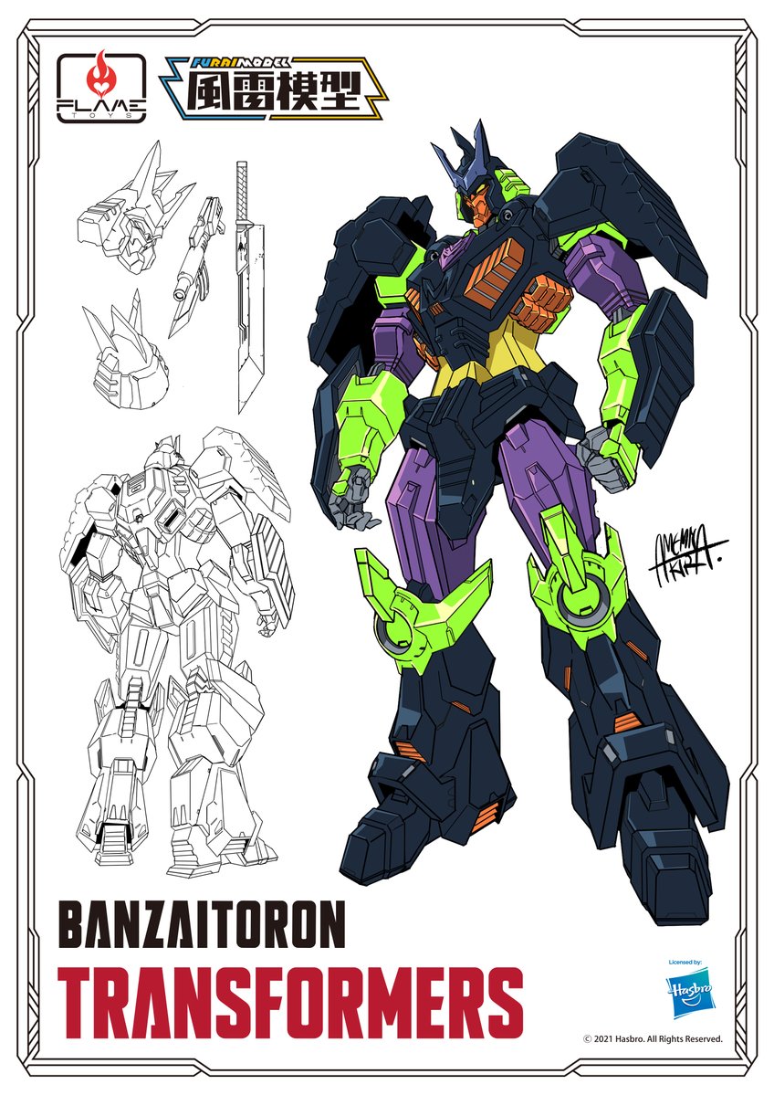 amemiya_akira banzaitron character_name character_sheet clenched_hands copyright_name decepticon flame_toys looking_ahead mecha no_humans official_art signature solo_focus transformers v-fin yellow_eyes