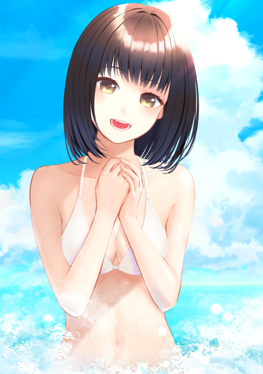 1girl :d bikini black_hair blue_sky breasts brown_eyes clouds day hami_(hami-gerden) hands_together highres medium_breasts medium_hair navel open_mouth original outdoors sky smile swimsuit wading white_bikini