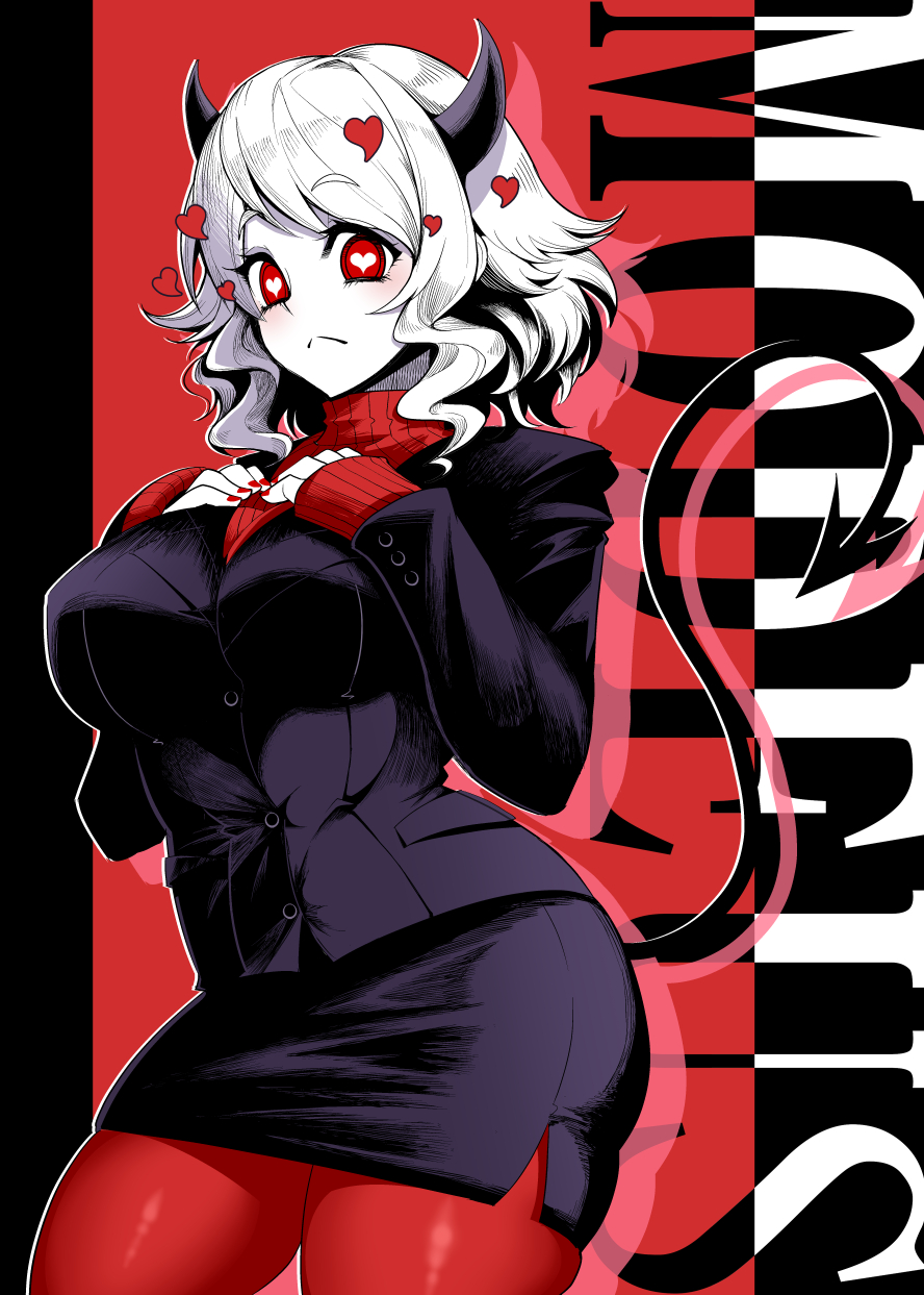 1girl black_horns blush breasts business_suit character_name colored_skin demon_girl demon_horns demon_tail fingernails formal heart heart-shaped_pupils helltaker highres horns jacket large_breasts long_sleeves looking_at_viewer medium_hair modeus_(helltaker) pantyhose red_eyes red_nails red_sweater ribbed_sweater solo suit sweater symbol-shaped_pupils tail turtleneck warugaki_(sk-ii) white_hair white_skin