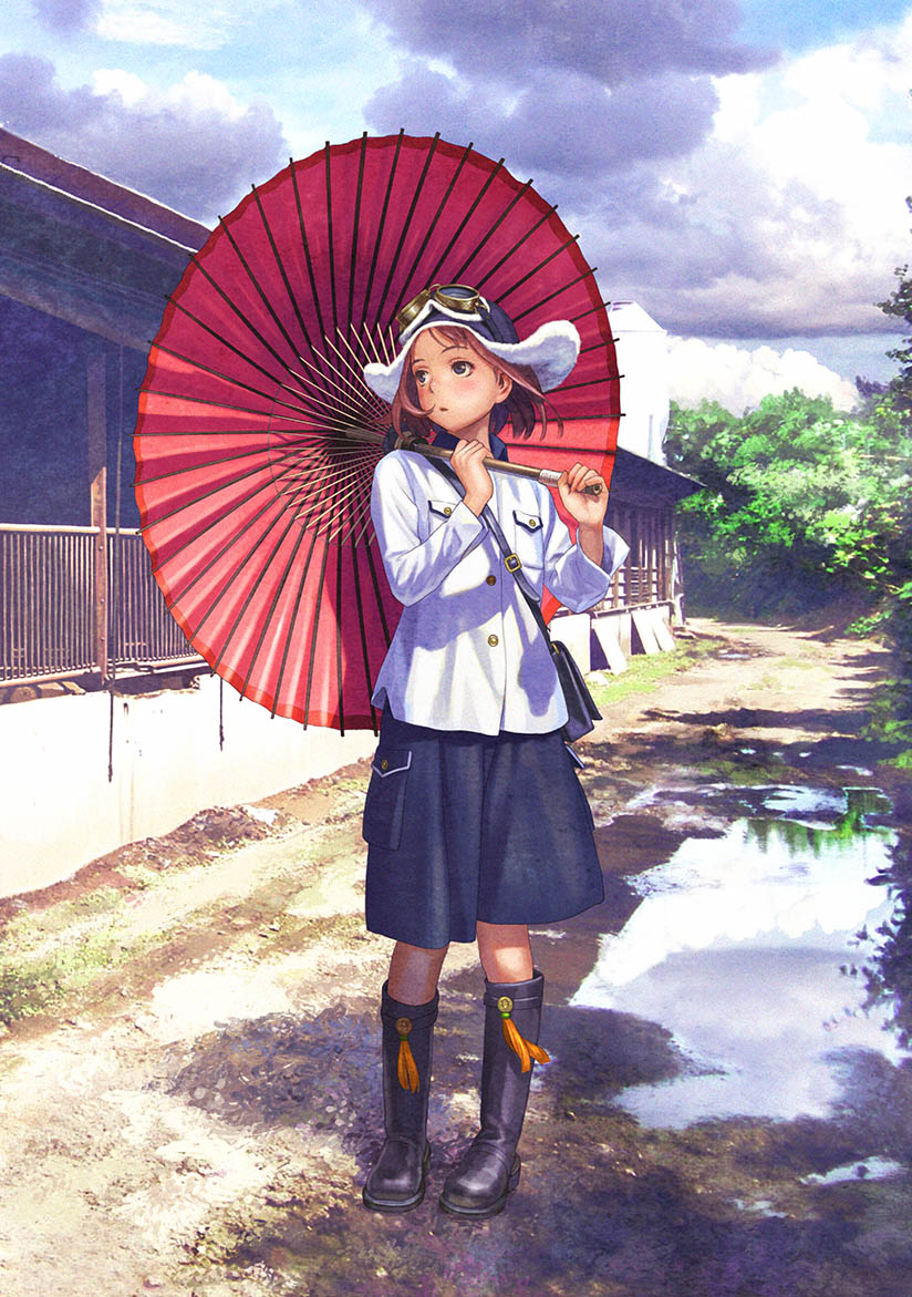1girl black_footwear black_headwear black_skirt boots breast_pocket brown_hair building clouds cloudy_sky day goggles goggles_on_head holding holding_umbrella leaf long_sleeves murata_range original outdoors plant pocket red_umbrella reflection shadow shirt short_hair skirt sky solo standing umbrella white_shirt
