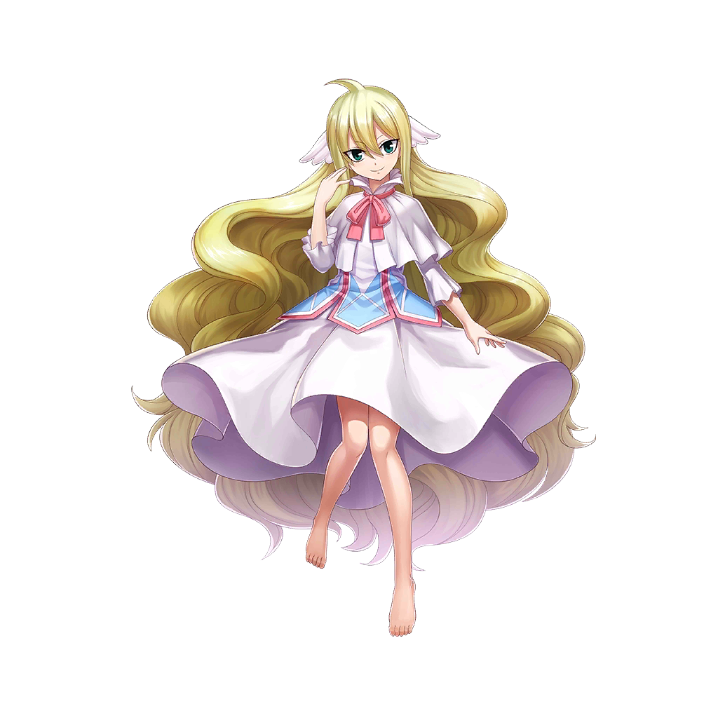 1girl ahoge artist_request barefoot blonde_hair dress eyebrows_visible_through_hair fairy_tail full_body green_eyes hair_between_eyes long_hair looking_at_viewer mavis_vermilion official_art smile solo transparent_background valkyrie_connect very_long_hair wavy_hair