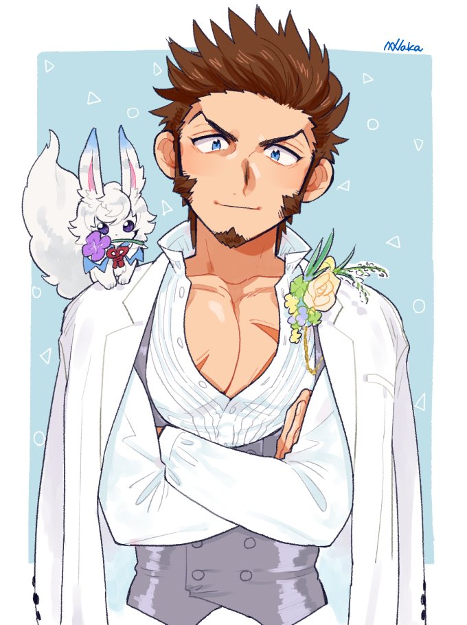 1boy alternate_costume blue_eyes blush brown_hair creature creature_on_shoulder crossed_arms facial_hair fate/grand_order fate_(series) formal fou_(fate) goatee long_sideburns looking_at_viewer male_cleavage male_focus mature_male napoleon_bonaparte_(fate) on_shoulder partially_unbuttoned pectorals scar scar_on_chest shitappa short_hair sideburns smile solo toned toned_male upper_body vest