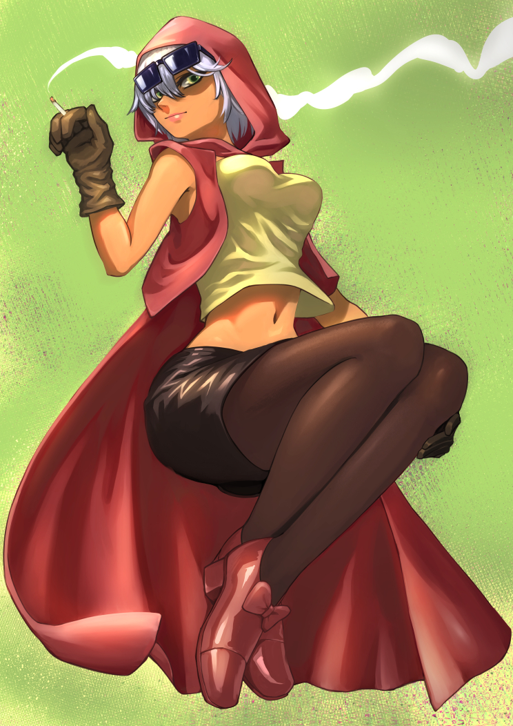 1girl annninnsenban black_skirt breasts cape cigarette commentary_request dark-skinned_female dark_skin eyewear_on_head floating gloves green_eyes high_heels holding holding_cigarette hood hood_up jojo_no_kimyou_na_bouken large_breasts lips mariah_(jojo) midriff navel pantyhose red_cape red_footwear red_vest shirt skirt sleeveless smoke solo stardust_crusaders sunglasses vest white_hair yellow_shirt