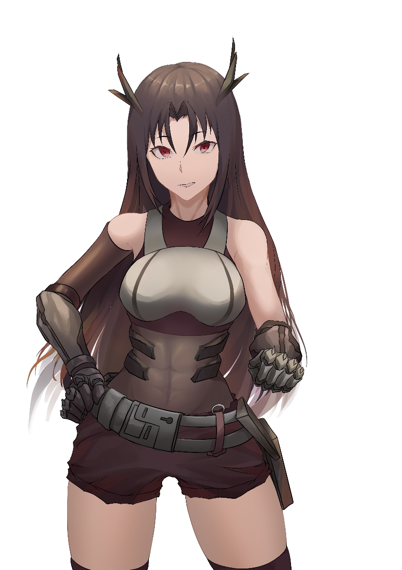 1girl breasts brown_hair executioner_(girls_frontline) eyebrows_visible_through_hair feet_out_of_frame girls_frontline hand_on_hip horns long_hair looking_at_viewer mechanical_arms mechanical_hands medium_breasts open_mouth red_eyes sangvis_ferri single_mechanical_arm single_mechanical_hand solo standing thatob thigh-highs white_background