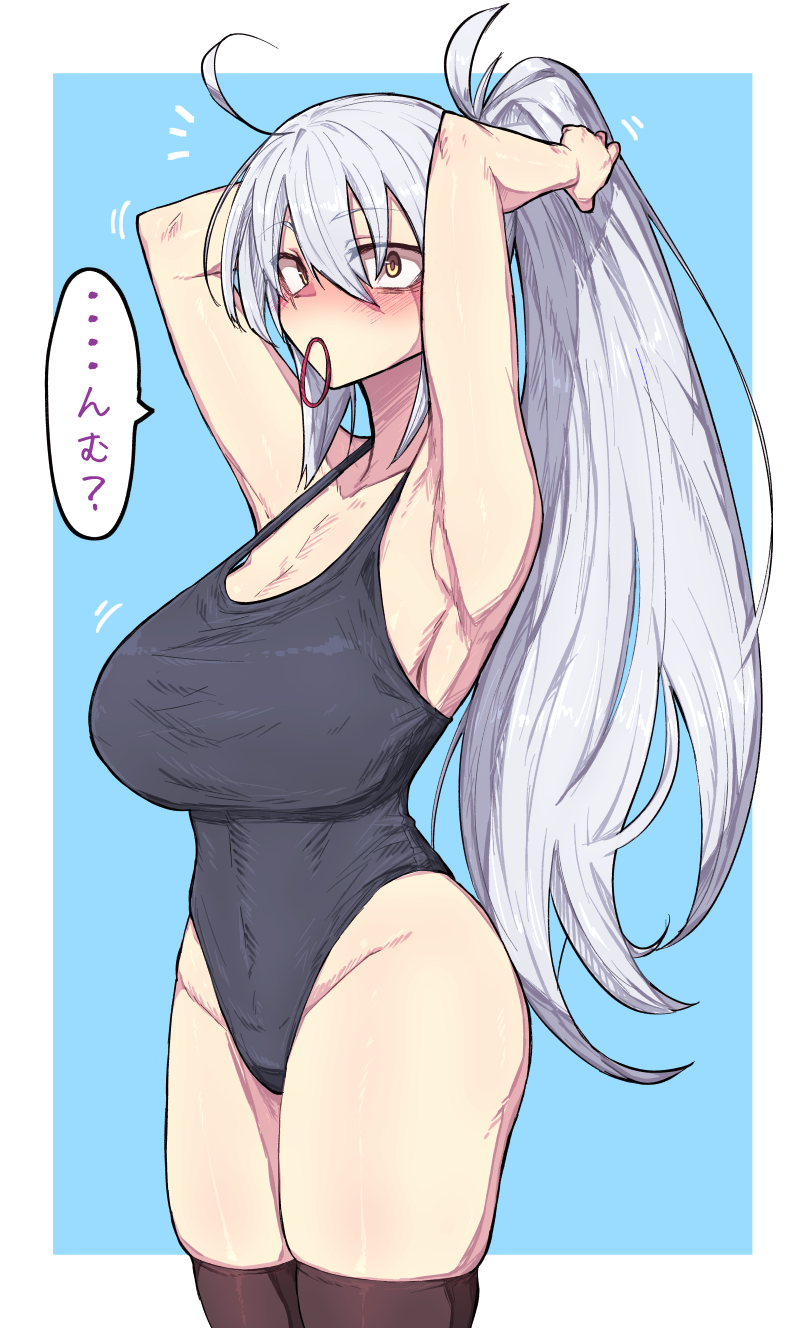 1girl ahoge alternate_costume bangs black_legwear black_swimsuit breasts commentary_request competition_swimsuit cowboy_shot fate/grand_order fate_(series) highleg highleg_swimsuit highres huge_breasts ishibori_eregomos jeanne_d'arc_(alter)_(fate) jeanne_d'arc_(fate)_(all) long_hair one-piece_swimsuit ponytail silver_hair solo standing swimsuit thigh-highs very_long_hair yellow_eyes