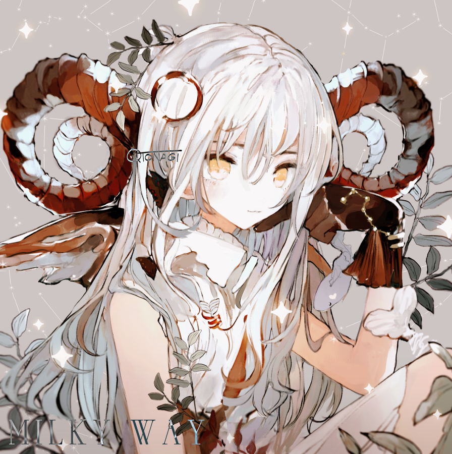 1girl artist_name asahiro bangs english_text gloves hair_between_eyes hair_ornament hand_up horns knee_up long_hair original plant sitting sleeveless_sweater solo turtleneck white_hair yellow_eyes