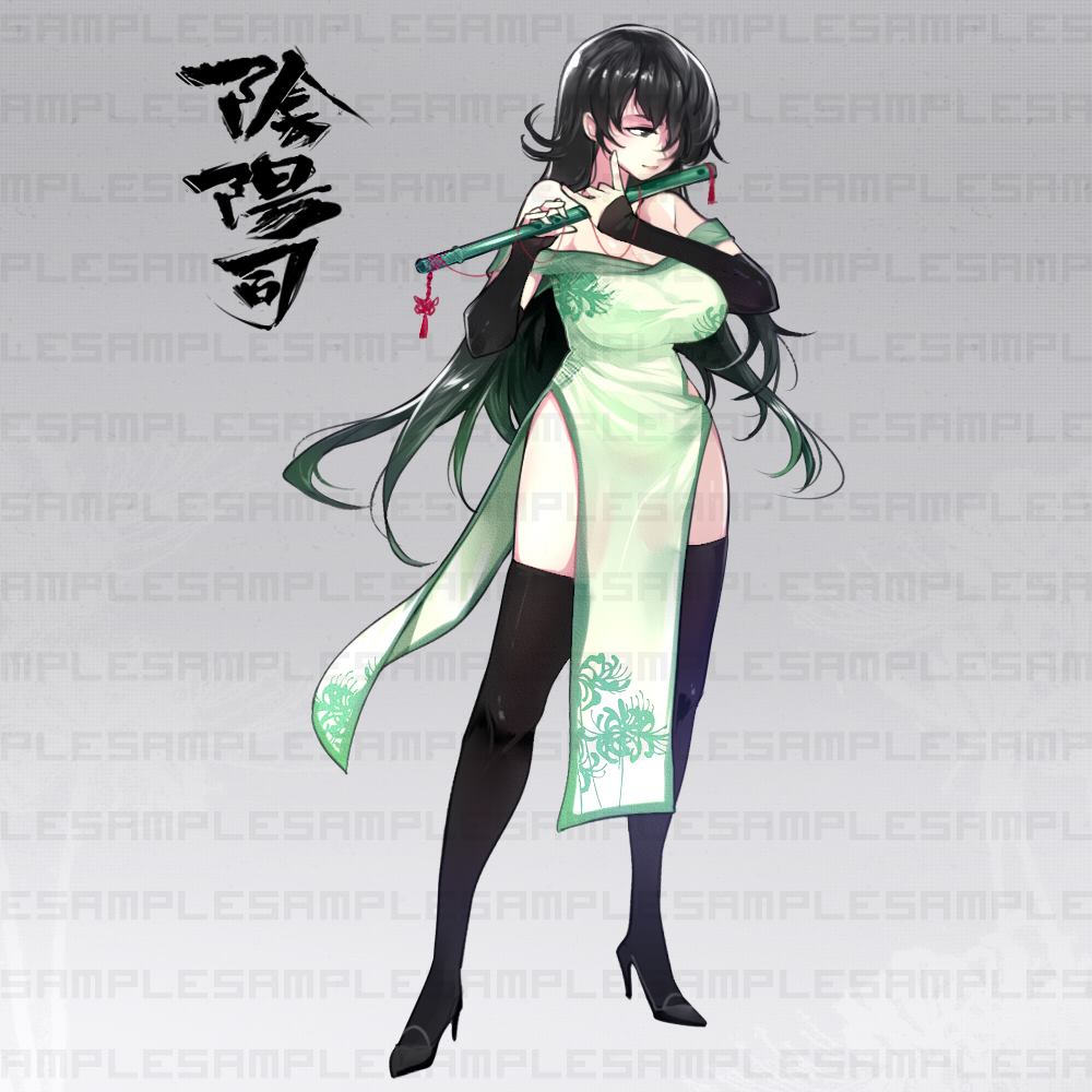 1girl black_eyes black_hair breasts china_dress chinese_clothes closed_mouth detached_sleeves dress ejami flute high_heels instrument large_breasts long_hair sample simple_background solo thigh-highs
