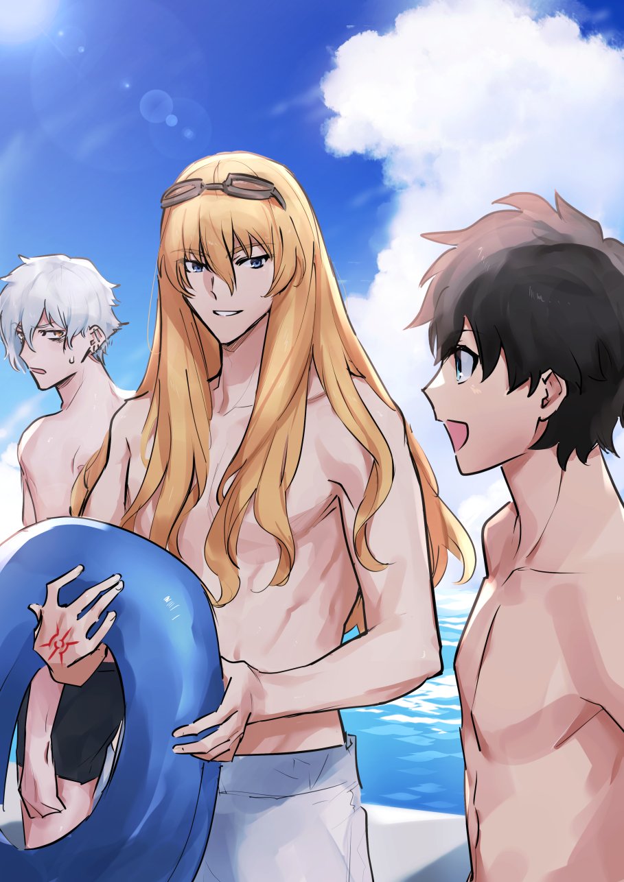 3boys alternate_costume aqua_eyes bangs black_hair black_shorts blonde_hair blue_eyes blue_innertube blue_sky collarbone command_spell commentary_request day ear_piercing eyebrows_visible_through_hair fate/grand_order fate_(series) fujimaru_ritsuka_(male) goggles goggles_on_head hair_between_eyes highres holding holding_innertube innertube kadoc_zemlupus kirschtaria_wodime long_hair looking_at_another male_focus multiple_boys open_mouth outdoors piercing sabamori shirtless short_hair shorts sky smile sunlight sweatdrop teeth water white_hair white_shorts yellow_eyes