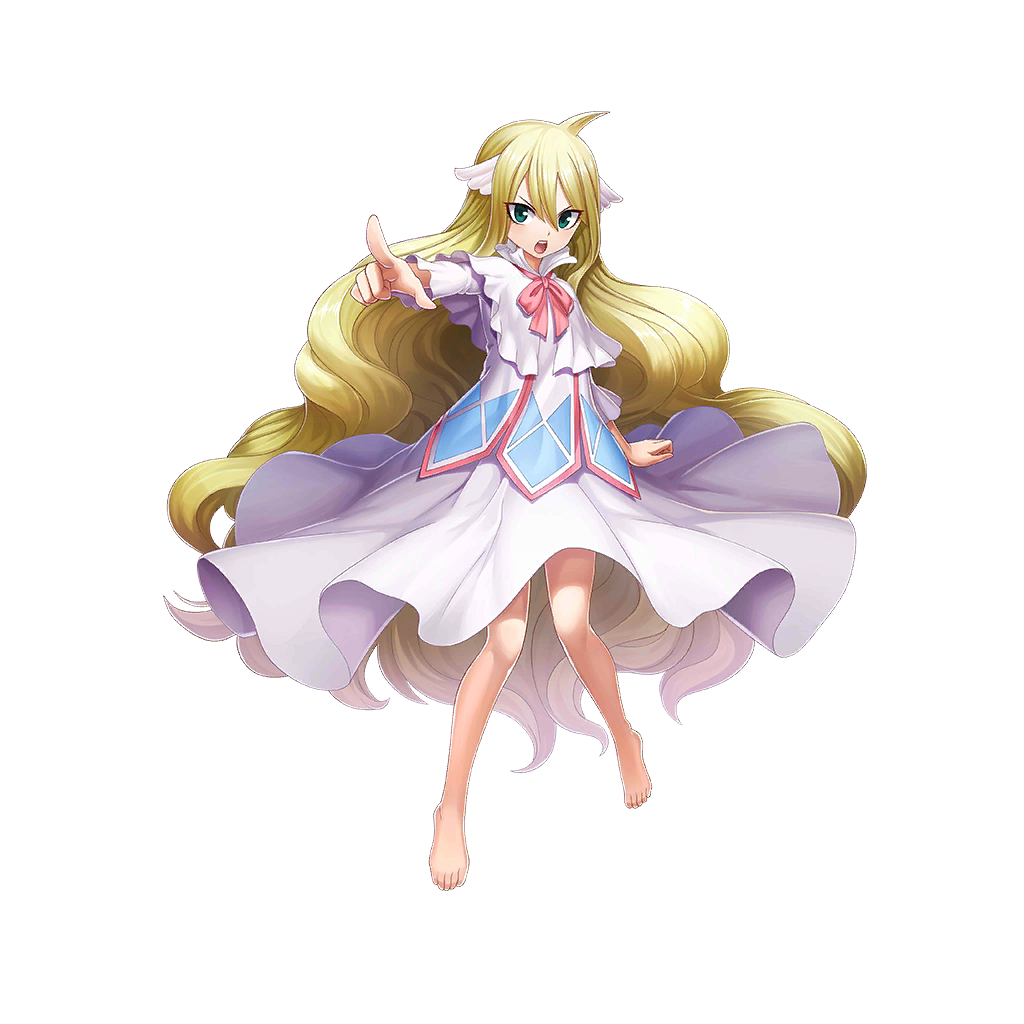 1girl ahoge artist_request barefoot blonde_hair dress fairy_tail full_body green_eyes hair_between_eyes long_hair looking_at_viewer mavis_vermilion official_art open_mouth pointing solo teeth tongue transparent_background valkyrie_connect very_long_hair wavy_hair