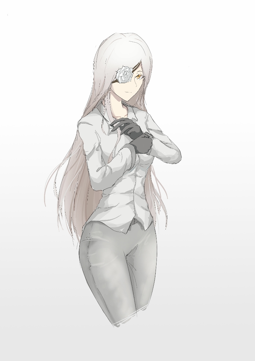 1girl alchemist_(girls_frontline) black_gloves breasts casual closed_mouth collarbone eyebrows_visible_through_hair eyepatch flower girls_frontline gloves long_hair looking_at_viewer pants rose sangvis_ferri shirt silver_hair solo standing thatob white_background white_flower white_pants white_rose white_shirt yellow_eyes