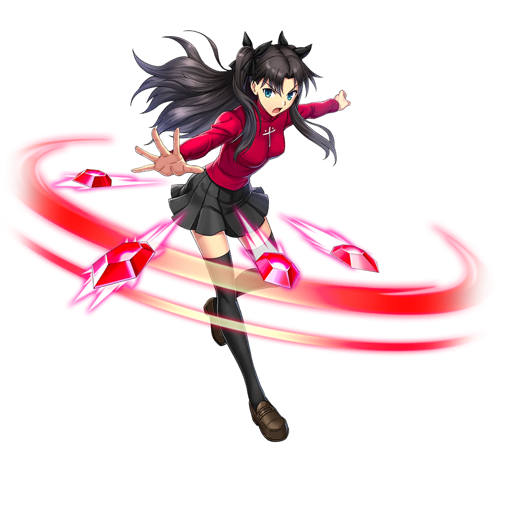 1girl artist_request black_hair blue_eyes breasts eyebrows_visible_through_hair fate/stay_night fate_(series) full_body gem hair_between_eyes long_hair long_sleeves looking_at_viewer medium_breasts miniskirt official_art open_mouth shoes skirt solo thigh-highs tohsaka_rin tongue transparent_background valkyrie_connect zettai_ryouiki