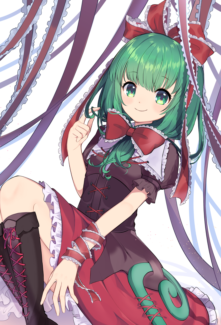 1girl bangs black_footwear boots bow breasts brown_dress brown_sleeves closed_mouth dress eyebrows_visible_through_hair frills goma_(u_p) green_eyes green_hair hair_bow highres holding kagiyama_hina looking_at_viewer medium_breasts puffy_short_sleeves puffy_sleeves red_bow red_dress short_sleeves sitting smile solo tape touhou white_background