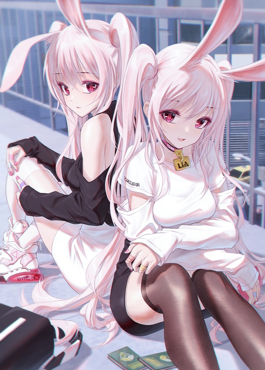 2girls animal_ears backpack bae.c bag bandaid bangs bare_shoulders black_shirt breasts car choker crossed_bangs extra_ears ground_vehicle guard_rail hair_between_eyes high_tops highres lamppost lirin_(bae.c) long_hair long_sleeves looking_at_viewer medium_breasts motor_vehicle multiple_girls nail_polish off_shoulder open_mouth parted_lips passport pencil_skirt pink_eyes pink_nails rabbit_ears rabbit_girl shirt shoes sidelocks sideways_glance sitting skirt slit_pupils sneakers symbol_commentary taut_clothes taut_shirt thigh-highs tied_hair tsumi_no_hahen_(debris) twintails very_long_hair white_hair white_shirt