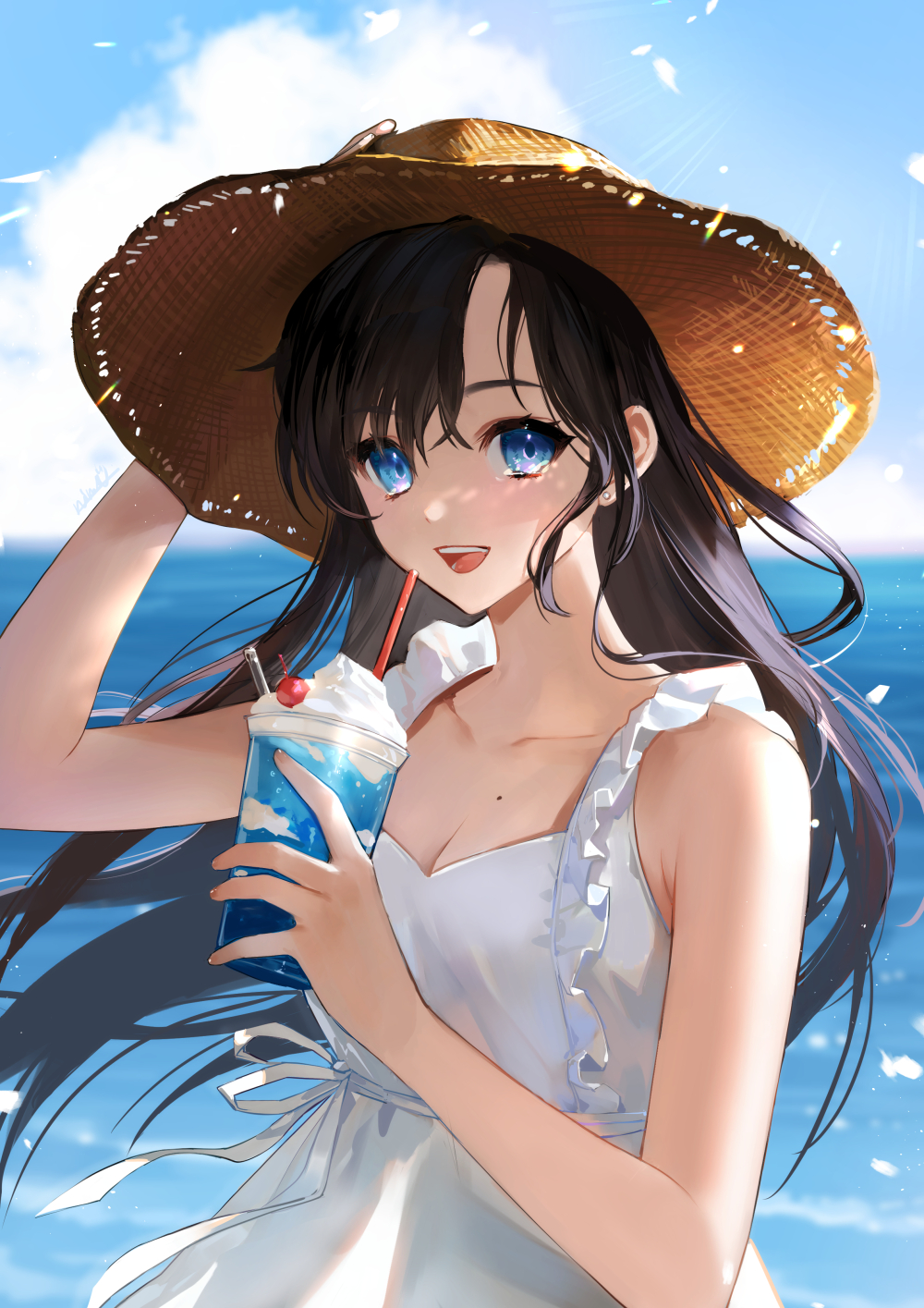 1girl :d arm_up bangs bare_arms bare_shoulders black_hair blue_eyes blue_sky blurry blurry_background brown_headwear cherry clouds cloudy_sky commentary_request cup day depth_of_field dress drinking_straw eyebrows_visible_through_hair food fruit hair_between_eyes hand_on_headwear highres holding holding_cup horizon long_hair looking_at_viewer nima_(niru54) ocean open_mouth original outdoors sky sleeveless sleeveless_dress smile solo upper_teeth very_long_hair water white_dress