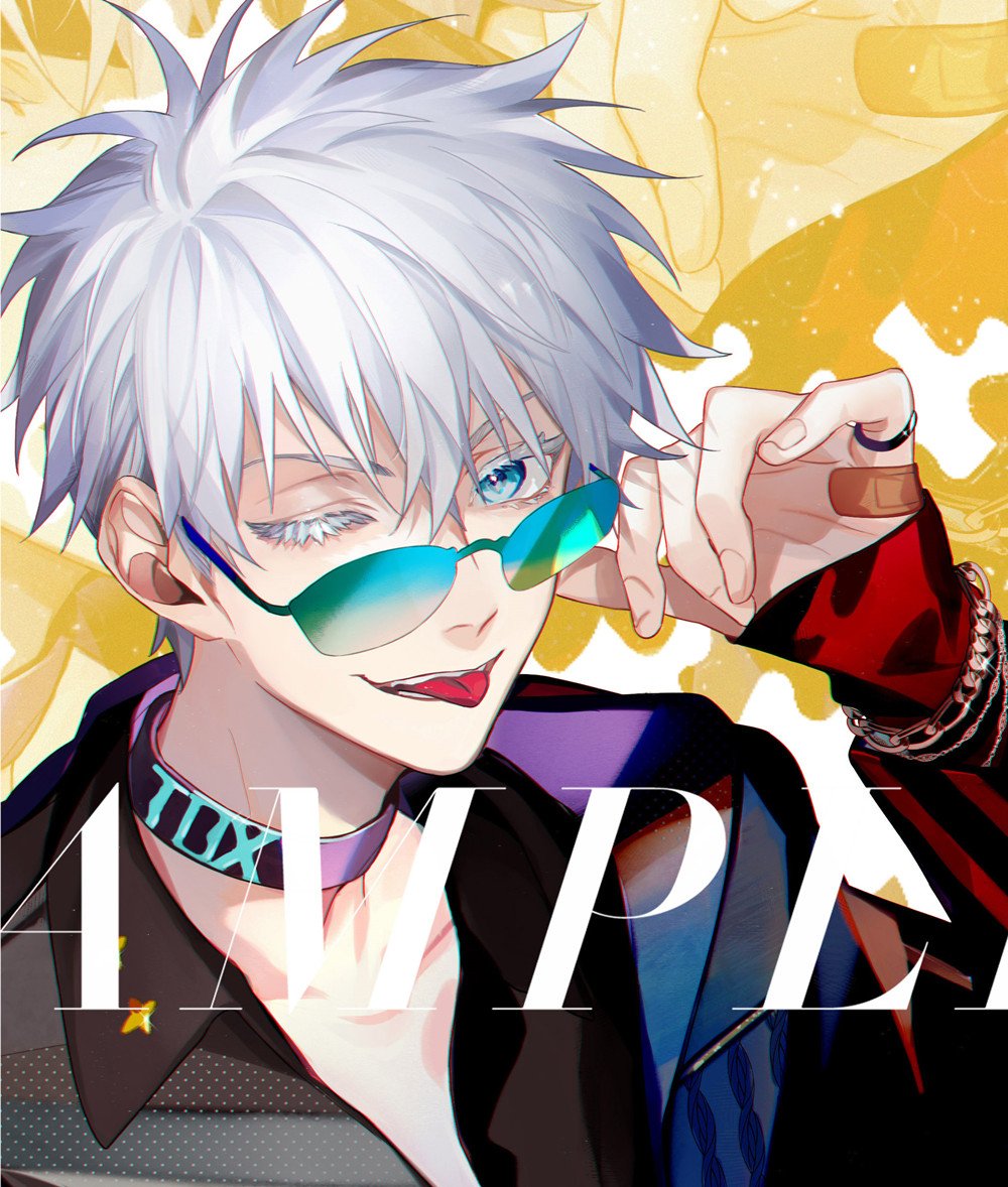 1boy bandaid bandaid_on_hand bangs black_shirt blue_eyes bracelet choker collared_shirt eyelashes ez_1011 gojou_satoru hair_between_eyes hand_up jacket jewelry jujutsu_kaisen long_sleeves looking_at_viewer male_focus one_eye_closed open_mouth red_jacket ring shirt short_hair sleeves_past_wrists solo sunglasses tongue tongue_out white_hair yellow_background