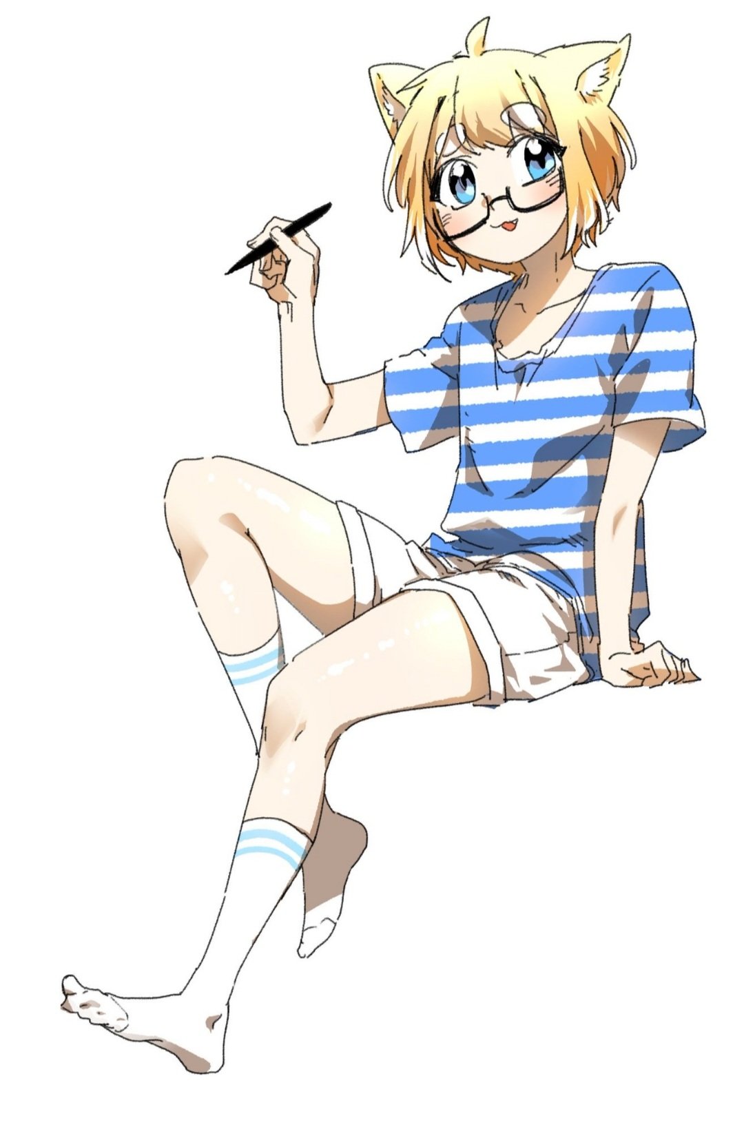 1boy :3 ahoge animal_ears blonde_hair blue_eyes blush collarbone dog_boy dog_ears eyebrows_visible_through_hair fang full_body glasses highres kim_tosyeo looking_at_viewer male_focus multicolored_hair open_mouth parkgee shirt short_shorts shorts simple_background smile socks solo striped striped_shirt stylus twitch.tv white_background white_hair