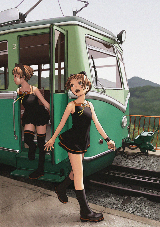 2girls black_dress black_footwear black_legwear boots brown_hair dress ground_vehicle multiple_girls murata_range open_mouth original outdoors shadow short_hair sleeveless sleeveless_dress smile standing thigh-highs train walking