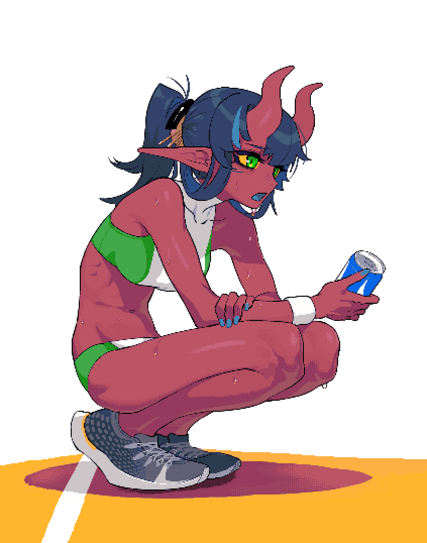 1girl blue_hair can collarbone colored_sclera colored_skin demon_girl demon_horns green_eyes horns kezime long_pointy_ears nail_polish original pointy_ears ponytail red_skin resized shoes sneakers soda soda_can solo sportswear squatting sweat upscaled yellow_sclera