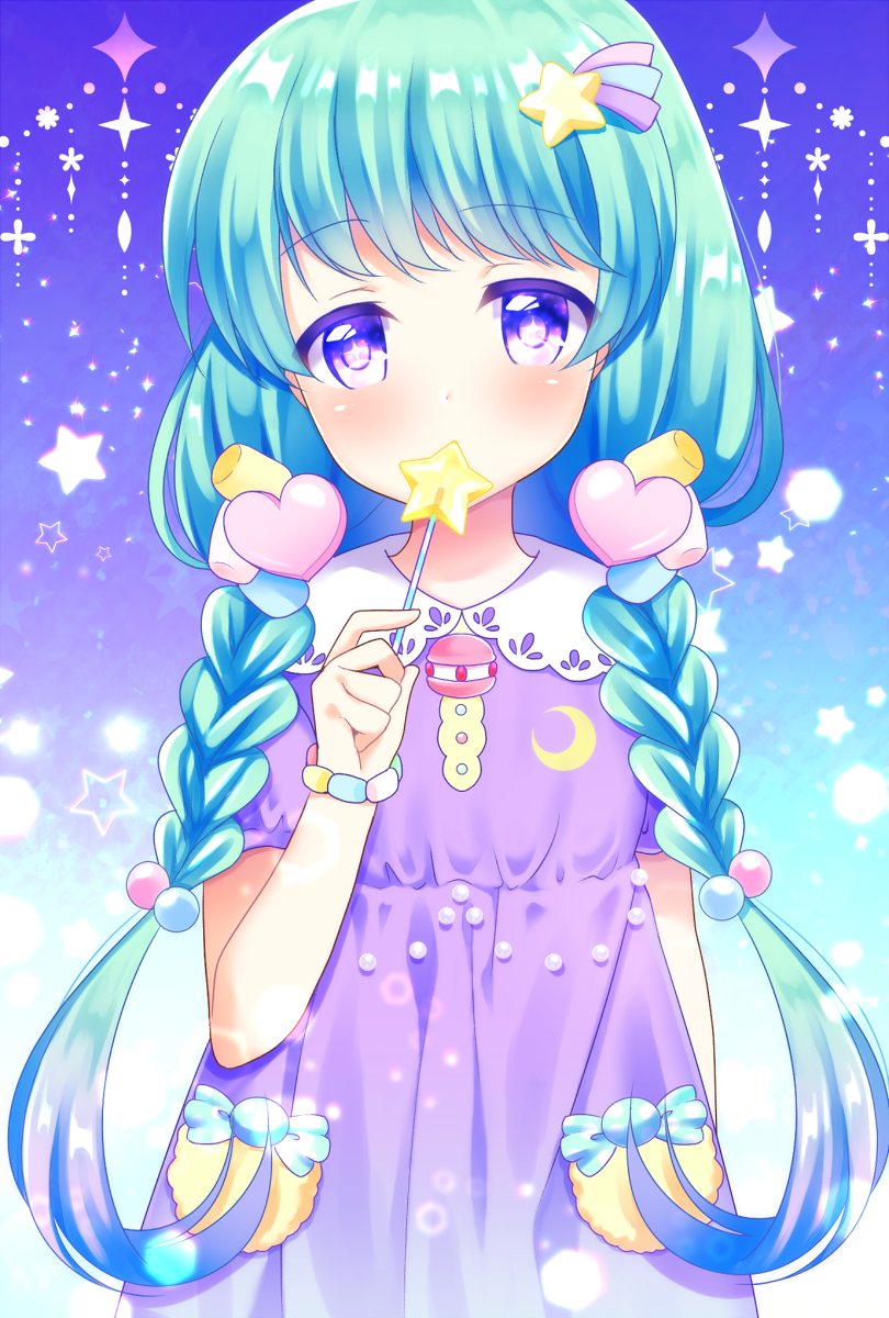 1girl blue_hair bracelet braid child covering_mouth crescent_moon diamond_(shape) eyebrows_visible_through_hair female hair_ornament holding_lollipop looking_at_viewer multicolored_eyes neon_ui original short_hair solo star star_hair_ornament twin_braids