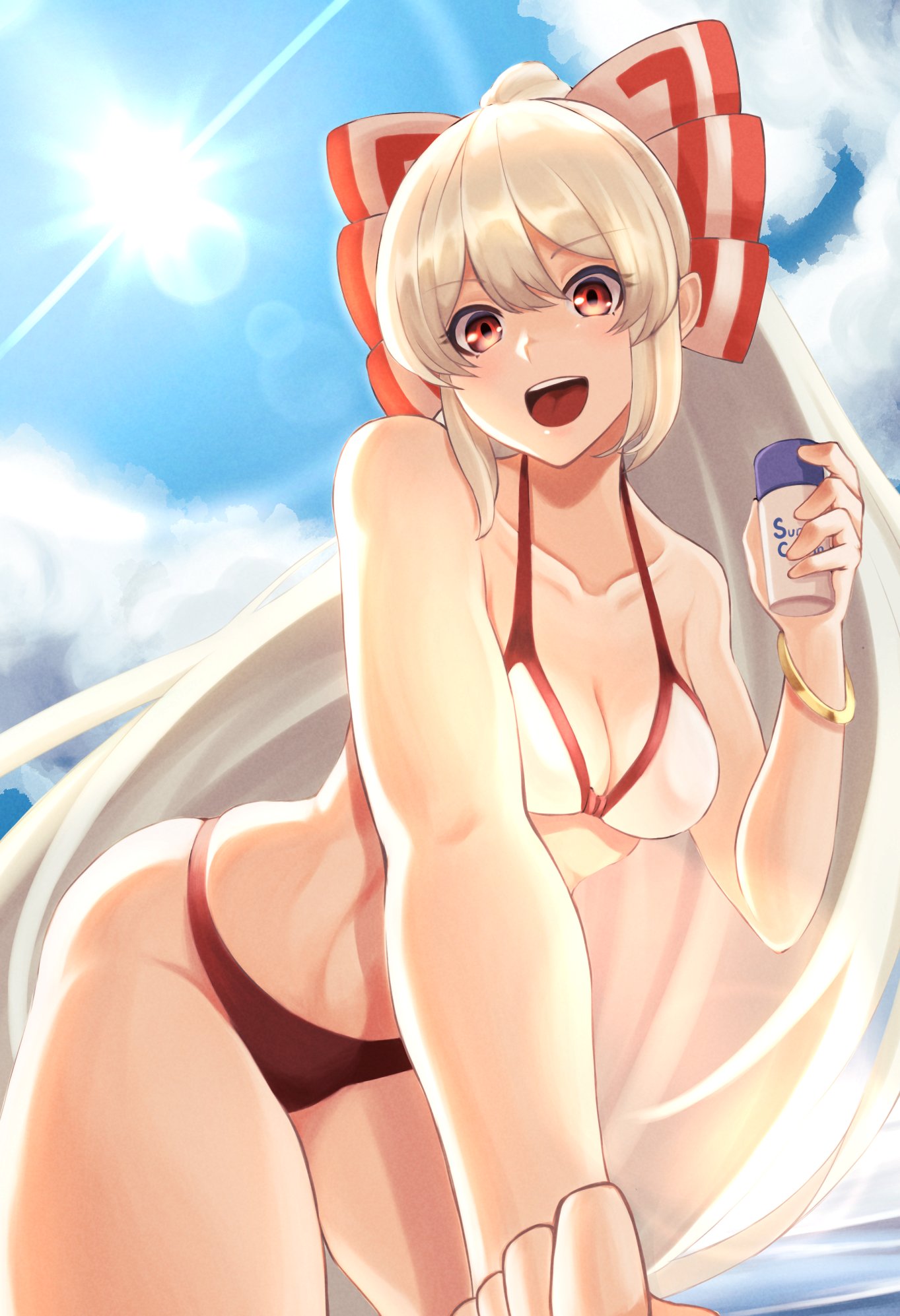 1girl alternate_costume blue_sky bow bra bracelet clouds cloudy_sky equality_taira eyebrows_visible_through_hair from_below fujiwara_no_mokou hair_between_eyes hair_bow highres jewelry lens_flare long_hair looking_at_viewer looking_down open_mouth panties red_eyes round_teeth sky smile solo sunlight swimsuit teeth touhou underwear white_hair